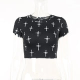 Dark Cross Print Emo Alternative Black T-shirts Mall Gothic Bodycon Grunge Crop Tops Women Short Sleeve Summer
