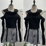 Fongt Shooting Doomsday Wasteland Wind To Make Old Worn Hooded Long-Sleeved T-Shirt Short High-Waisted Umbilly Top 9259