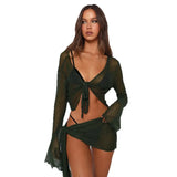 Fongt Women's Clothing 2025 Summer New Micro-Permeable With Mesh Long-Sleeved Thoracic Blouse Casual Skirt Set