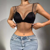Fongt Nightclub Dresses Fishnet Hollow Out Rhinestone Vest Mesh Flash Diamond Sling Top