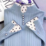 Women's Turtleneck Dot Print Lace Ruffle Pullover Women's Trumpet Sleeve Top Solid Knitwear Trend Sweater Autumn