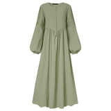 Women Spring Sundress Elegant Pleated Lantern Sleeve Solid Maxi Long Dress Vintage Party Vestido Kaftan Robe