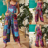 Women Casual Floral Print Strappy Dungarees Vintage Cotton Linen Loose Party Long Harem Overalls Rompers