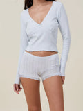 Women Pajama Sets 2pcs Loungewear Suits Solid Long Sleeve V-Neck T-shirts Crop Tops and Lace Shorts Sleepwear Outfits-Outfit