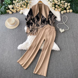 Fongt Temperament Bottom Half-High Collar Sweater + Printed Knitted Shawl Jacket + High Waist Lanky Trousers Three-Piece Set