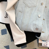 High Street Blue Denim Stitching Jacket Women 2023 Autumn Tendy Unisex Chic Thick T-shirt Fashion Patchwork Long
