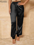 Women Trousers ZANZEA Casual Elastic Waist Solid Satin Long Pants Female Loose Homewear 2022 Fashion OL Pantalon