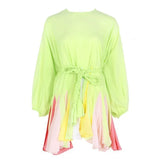 TWOTWINSTYLE 2022 Summer A Line Women's Dress O Neck Long Sleeve High Waist Sashes Slim Rose Color Mini Dresses Female