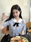 Color Sweet Waist T-Shirt For Women's Summer New College Wind Bows Slim Design Short-Sleeved