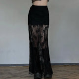 Fongt Pure Desire Wind Lace Stitching Perspective Skirt Female New High Waist Show Thin Slit A Word Swing Skirt-Outfit