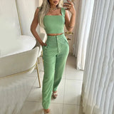 Fongt 2023 New Solid Color Short Crop Sling Top, High-Waist Trousers And Two-Piece Sets-Outfit