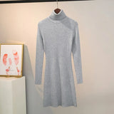 Casual Slim Warm Pit Knitted Sweater Long Sleeve Turtleneck Solid High Street Mini Party Dress 2021 Winter Fashion