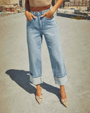 Fongt 2025 New Elastic Straight Jeans Women's Quality Retro Curly Waist Trousers