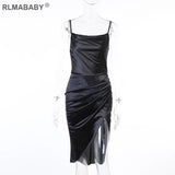 Strapless Split Wrap Satin Dress Elegant Spaghetti Strap Backless Bodycon Dress Club Night Party Women Ruched