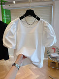 New T-Shirts Causal O-neck Patchwork Puff Sleeve Shirts for Women Chic Korean Sweet