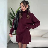 Fongt Winter New Solid Color High-Collar Lazy Knitwear Design Skirt Dress Suit