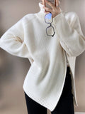 Zipper Grey Turtlenecks Loose Fit Casual Long Thickening Winter Sweater Woman Fashion Oversize Retro White Pullover
