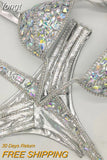 Deep V Bustier Open Straps Paded Bikini Sets Bling Stones Sparking Crystal Rhinestone Chain Swimwear Push Up