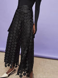 Fongt Temperament Round Piece Design Sense Tassel Hollow Out Embroidery High Waist Wide Leg Pants Spring 2024 New Straight Leg Pants-Outfit