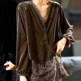 Lady Stylish Lace Spliced Shirt Spring Autumn Elegant V-Neck Female Clothing Single-breasted Vintage Casual Loose Blouse-Outfit