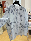 Chinese Style Light National Style Butterfly Printed Round Collar Long-Sleeved Shirt Summer Tulle Sunscreen Blouse Temperament Blouse-Outfit
