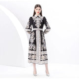 Fongt 2025 Early Spring Court Wind Clip Single Door Leaning Lantern Sleeve Vintage Printed Long Dress