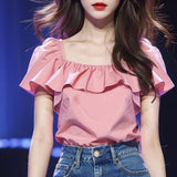Fongt Leaf Side Pink Short-Sleeved Shirt Women 2025 Summer New Temperament Super Fairy Square Shirt French Top