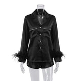 Satin Women Pajamas 2 Piece Set Sleepwear with Feather Cuff Soft Elgant Pajamas Women Nightgown Luxury Ladies'