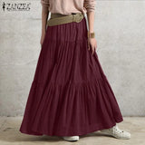 Stylish Women Spring Skirts Vintage Elastic Waist Faldas Saia Female Ruffles Maxi Sundress Casual Jupe Solid Long