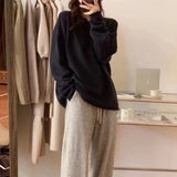Fongt New 2023 Autumn And Winter Of 2023 Korean Curly Edge Casual Simple Pure Color Round Collar Sweater Women's Fashion Versatile Knit Top-Outfit