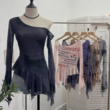 Fongt Tie Net Yarn Oblique Shoulder Babes Sexy Body-On-Sleeve Horn Irregular Top 9955