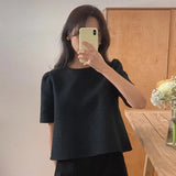 Patchwork Blusas Mujer Small Fragrance Shirts Blouses Puff Short Sleeve Camisas Spring Summer Tops Loose Casual Ropa-Outfit