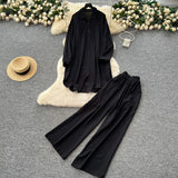 Fongt Casual Suit Women's Korean Version Of The Fashion Loose Long-Sleeved Shirt Dress High Waist Wide Leg Pants
