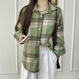 Vintage Plaid Print Long Sleeve Blouse-Outfit