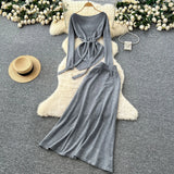 Fongt Temperament Wears A Female Autumn And Winter Design Sense Of Irregular Strap To The Waist Long-Sleeved Knitted Shirt + High Waist Half-Dress