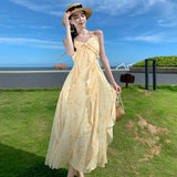 Fongt Summer Vacation Gentle Yellow Tune Dyed Flowers With Neck Flounce Print Skirt Beach Skirt-Outfit