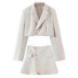 One Button Short Women Blazer Cropped High Waist Irregular Cross Slit Mini Skirt Long Sleeve Suits 2 Pieces Set