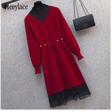 Patchwork Knitted Sweater Dresses For Women Office Ladies High Waist Fake Two Pieces Pullover Dresses