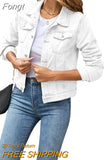 Women's Short Denim Jackets Fashion Female Casual Long Sleeve Lapel Solid Button Pocket Slim Jean Jacket Fall Winter