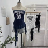 Fongt Shooting Retro Letter Print Bump Color Palette Vest Body Splicing Mesh Yarn With Hottie Top 8089