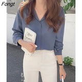 White Shirts Long Sleeve Single Breasted Button Elegant Office Lady V Neck Work Blouse Women Chic Korea