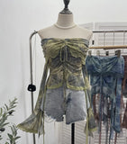 Fongt Old-Fashioned Green Shoulder Horn Sleeve Blouse Dye Net Yarn Lace Draw Rope Short T-Shirt 8010