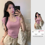 Fongt Chic Thai Design V-Neck Shoulder Short Sleeve T-Shirt Women's Curved Under The Hem To Slim Short Top