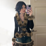 Fongt Autumn New Street Style Y2K Retro Wool Collar Splicing Leather Buckle Waist Jacket Casual Top