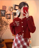 Fongt Version Autumn Winter Gentle Department Lotus Leaf Sleeve Sweet Wind Round Collar Sweater Female Design Feeling Nail Bead Knit Cardigan Jacket Tide-Outfit