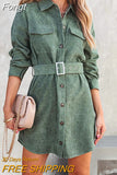 Turn Down Collar Corduroy Dress Femme Mini Outdoor Solid Dress With Belt Casual Long Sleeve Button Patchwork Loose