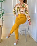 Women's Elegant Two Piece Pants Sets Printed Long Sleeve Shirts and Pants with Belt Fashion Women 2pcs Suits Office