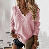Oversize Sweater Knitted Autumn Winter V Neck Jumper Solid Knit Pullover 2021 Long Sleeve White Warm Sweaters For