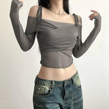 Sunscreen Women's T-shirt Off shoulder Strap Women's top French style-Outfit