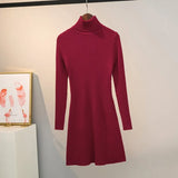 Casual Slim Warm Pit Knitted Sweater Long Sleeve Turtleneck Solid High Street Mini Party Dress 2021 Winter Fashion